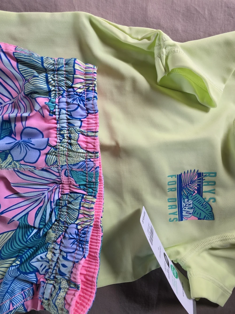 Carter's Neon Yellow Rash Guard with Pink Tropical Swim Trunks